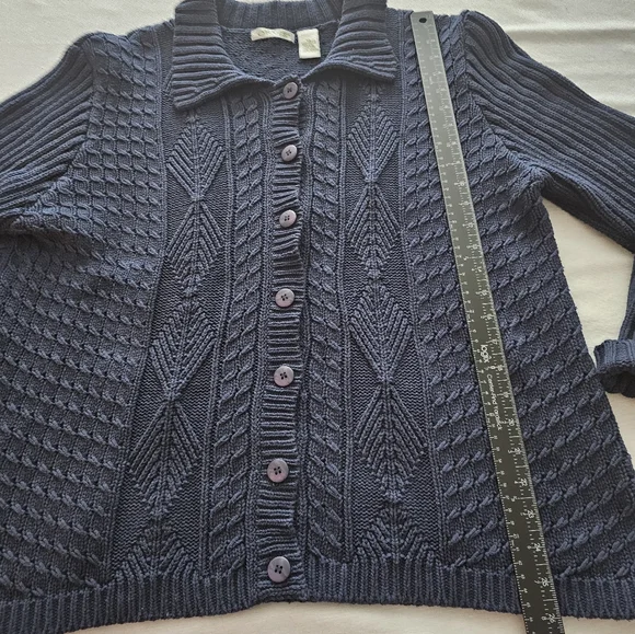Orvis Sweater Womens XL Navy Cotton Button Up Cable Knit Cardigan Collard VTG - Picture 4 of 12